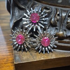Antique ? Atomic Triple Sunburst Silvertone And Pink Crystal Brooch